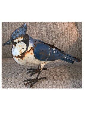Large Size Hand Painted Blue Jay Metal Bird Figurine Art Realistic Rustic